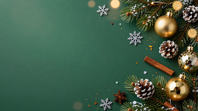 D&eacute;corations de No&euml;l sur fond transparent avec boules dor&eacute;es, pommes de pin et branches de sapin