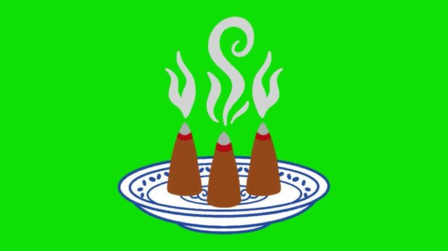 Video of traditional joss sticks burning on a ceramic plate for ancestor worship ritual. Ancestor worship. Hand drawn.