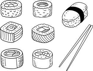 Hand-drawn black and white of various sushi rolls and chopsticks food © HasnaHena55