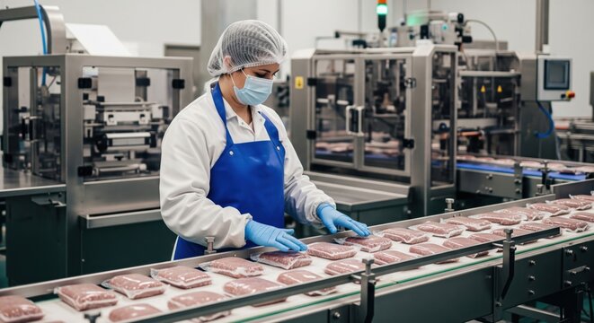 Masked worker inspects sealed meat portions on chilled food production line, showing hygiene, safety and quality control in modern processing plant.