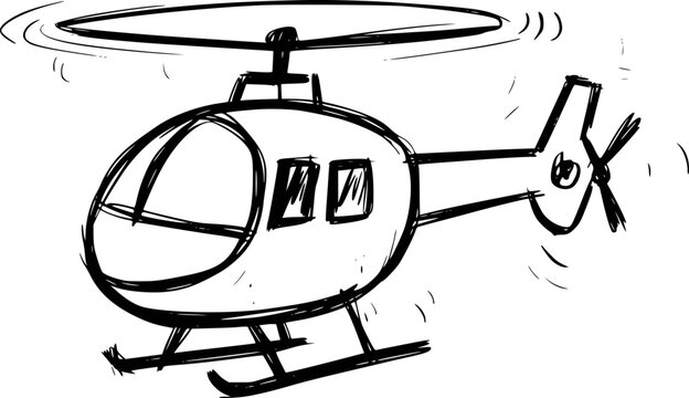 Hand-drawn black of a helicopter in flight a white background, isolated transport