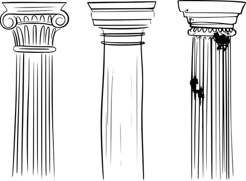Hand-drawn classical columns, ionic, doric, and damaged, black ink architecture