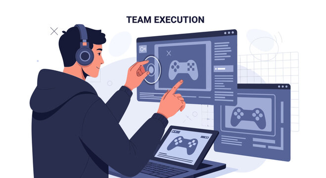 Gamer with headphones planning strategy on computer screens showing gamepads