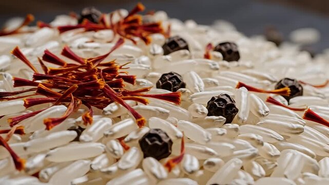 Closeup Macro Shot of Saffron Threads and Rice Grains.