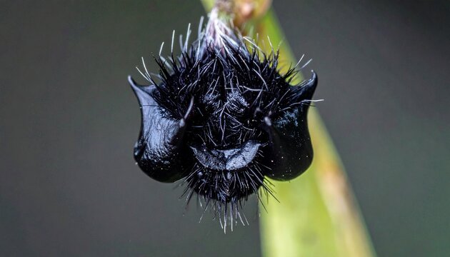 Close-up of black bat flower with long whisker-like bracts on green stem