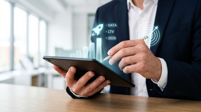 Businessman holding tablet with holographic growth chart, rocket, and data analytics icons. Business growth, digital transformation, and financial forecasting concept.
