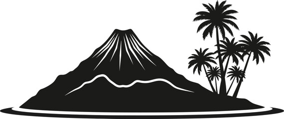Volcano mountain stands tall beside lush tropical palm trees in this simple black and white vector silhouette design. © amirhamzaaa