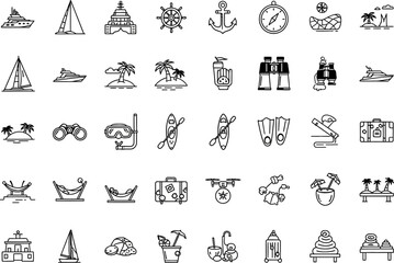 Icons represent various maritime and vacation themes using clean black lines on a white background. © amirhamzaaa