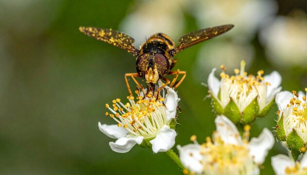Hoverfly feeding on white umbellifer flower in natural light