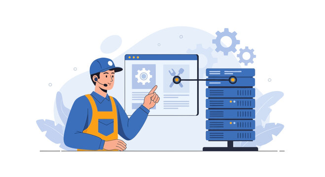 IT Tech Support Person Fixing Server Hardware and Software on Computer Screen