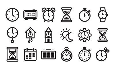 Fototapeta premium Time management icons set with various clocks hourglasses and calendar line symbols.