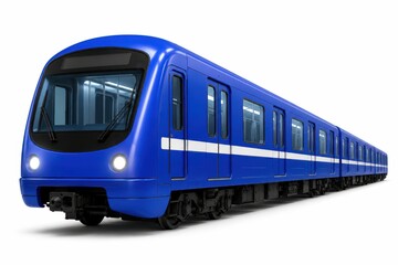 Fototapeta premium Blue modern subway train with white stripe and headlights on white background.