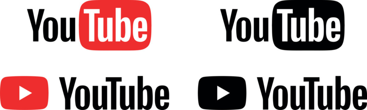 YouTube logo set with red and black play button icons and wordmark isolated on white background