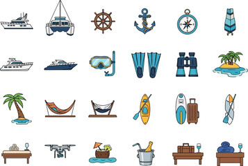 Icons representing maritime travel and leisure activities display a collection of nautical objects. © amirhamzaaa