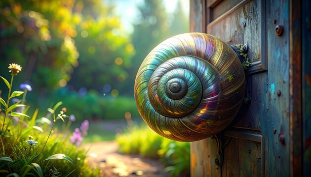 Iridescent snail shell resting on wooden garden door in sunlight