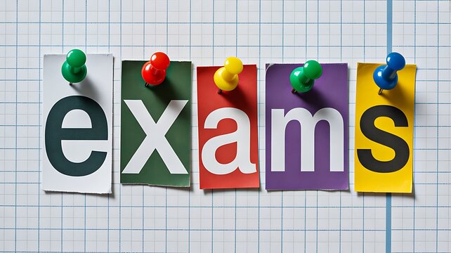 Colorful exams text pinned on grid background for education concept