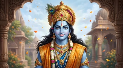 Obraz premium Lord krishna illustration divine indian mythology artwork of a blue skinned hindu deity with peacock feather crown