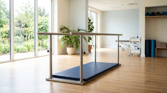 Parallel bars over exercise mat in rehabilitation room