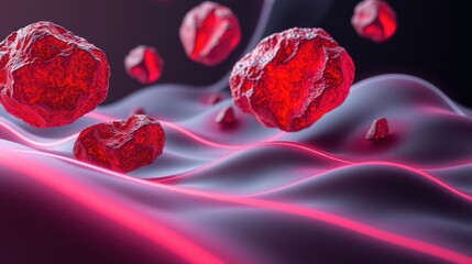 Fototapeta premium Red crystalline structures float above glowing pink surface. Abstract composition, dramatic lighting, science visualization.