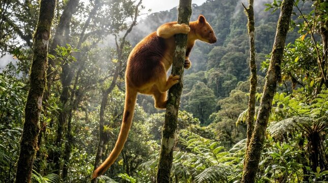 Rare Golden-Mantled Tree Kangaroo Climbing a Tree in a Misty Tropical Rainforest Canopy