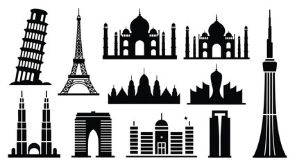 Iconic global landmarks silhouettes of famous buildings and towers in minimalist black design perfect for travel and architecture themes © Somiran