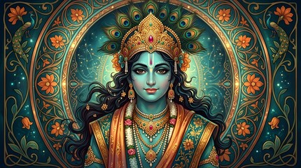 Obraz premium Lord krishna illustration vibrant indian mythology artwork of a hindu deity with peacock feathers and ornate jewelry