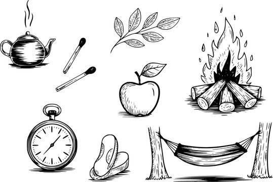 Hand-drawn of camping and outdoor leisure teapot, matches, apple, campfire, pocket watch, flip-flops, hammock