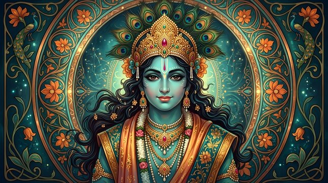 Lord krishna illustration vibrant indian mythology artwork of a hindu deity with peacock feathers and ornate jewelry