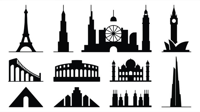 Iconic silhouettes of famous global landmarks and architectural structures including towers monuments and bridges in a minimalist black and white design