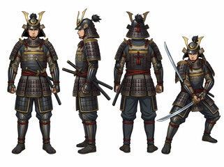 Fototapeta premium Full Body Character Sheet of Japanese Samurai Warrior in Traditional Armor.