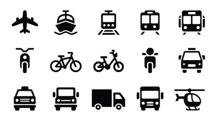 Minimalist black and white vector icons of transportation modes including airplane ship train bus taxi bicycle scooter and more © Somiran