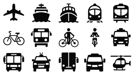 Black silhouette icons of airplane ship train bus bike car taxi helicopter and more in minimalist style for transportation and travel concepts © Somiran