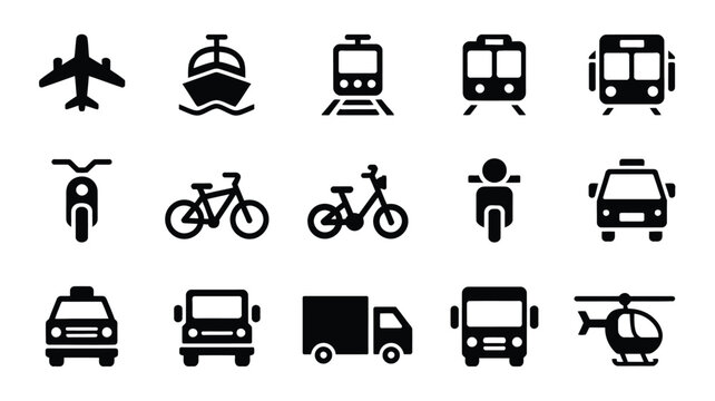 Minimalist black and white vector icons of transportation modes including airplane ship train bus taxi bicycle scooter and more