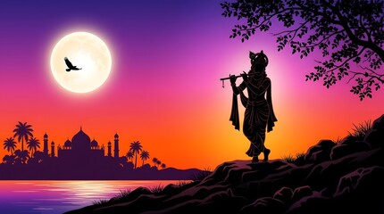 Fototapeta premium Lord krishna playing flute under full moon in indian mythology landscape
