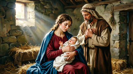 Obraz premium Mary and Joseph kneel in awe, praising baby Jesus born in a humble manger.