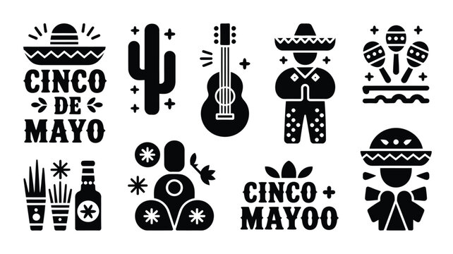 Black and white cinco de mayo silhouette icons featuring a sombrero cactus guitar maracas and tequila bottles with celebration text