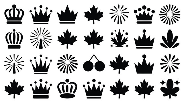 Silhouettes of crowns maple leaves and abstract shapes in minimalist black and white design for victoria day theme