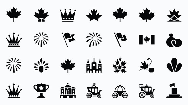 Black and white vector icons featuring maple leaves crowns flags fireworks and symbols in a clean minimalist design