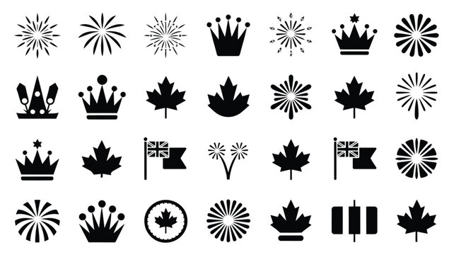 Black silhouette holiday icons featuring fireworks crowns maple leaves and flags for celebratory designs