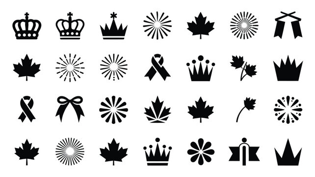 Black and white silhouette icon collection featuring crowns ribbons and maple leaf designs for versatile graphic use