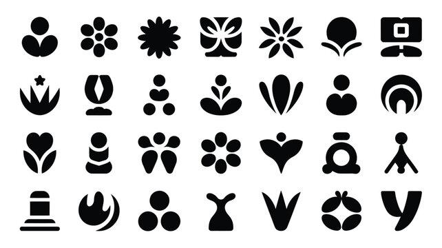 Black and white geometric abstract logo icons featuring nature floral and symbolic designs in a minimalist style