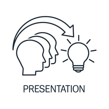 A group of people and an arrow pointing towards the light. Presentation of an idea.Vector linear icon illustration isolated on white background.
