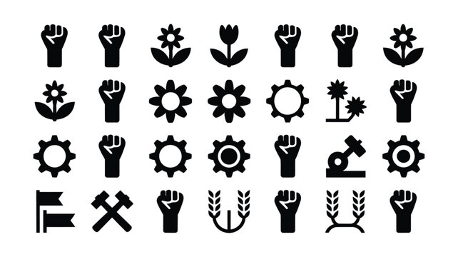 Black and white vector icons representing unity labor and growth with hands gears flowers and tools symbolizing collaboration and progress