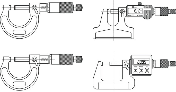 Micrometer Measuring Tool Icon Set with Analog and Digital Caliper Gauge Precision Engineering Measurement Instrument Collection in Outline Style