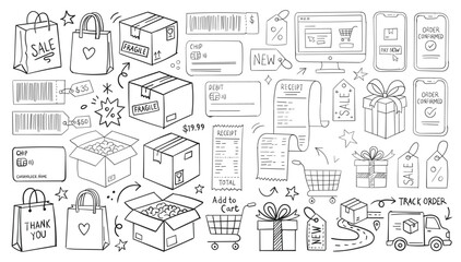 Doodle icons for online shopping, ecommerce, and delivery services © Hand Made Doodle