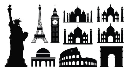Black silhouettes of iconic global landmarks including towers arches and domes in a clean vector illustration style © Somiran
