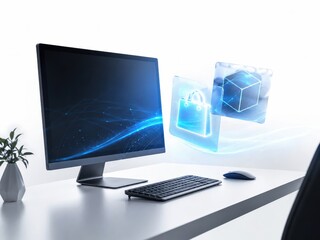 Fototapeta premium Compact desktop workstation with augmented reality shopping icons for modern ecommerce technology concept