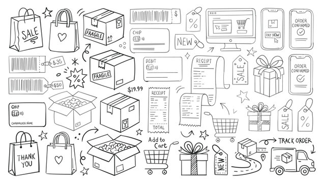 Doodle icons for online shopping, ecommerce, and delivery services