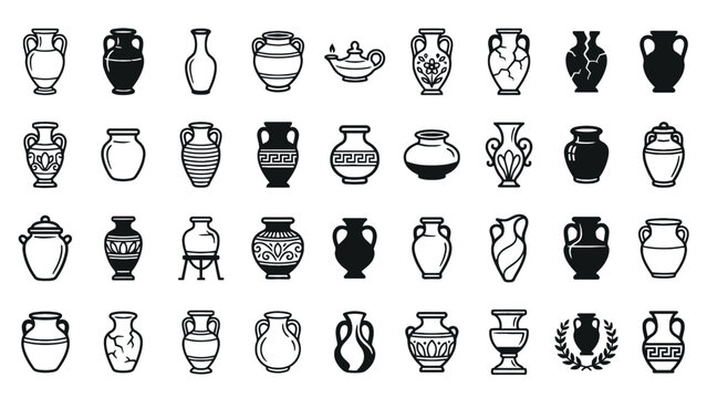 Ancient Greek amphora icons set, 36 black and white pottery vector elements, traditional ceramic vase and antique clay jar collection for museum branding