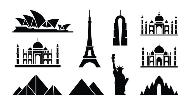 Minimalist vector illustration set featuring iconic landmarks and monuments of the world in black and white